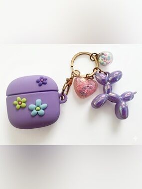 AirPods + Case Purple Floral + Charm Keychain + Purple Earbuds Bundle